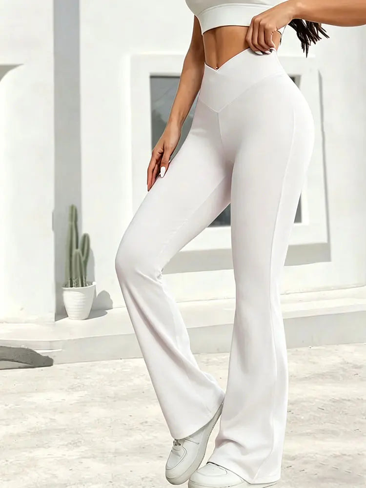 flared hem cross-waist design, casual sports trousers – Relaxed women's high-waist wide-leg leggings