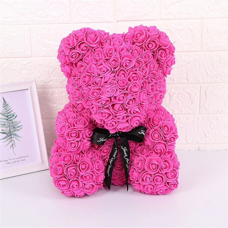 Rose Faux Teddy Bear with Gift Box and Lights - Romantic Anniversary or Valentine's Day Gift, Wedding Decor