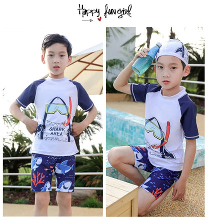 Light, Sturdy Boys' Two-Piece Swimsuit - Rash Guard Top, Shark-Print Trunks, Kit With Hat