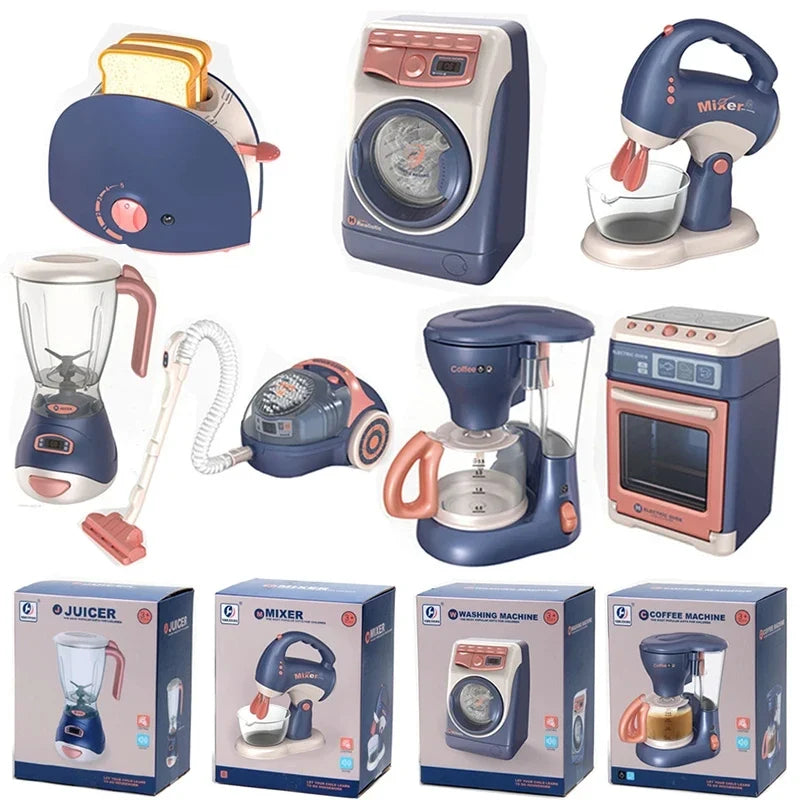 Pretend Kitchen Playset - Motor-Driven Vacuum, Juicer, Washing Machine & Water Sweeper Toys for Kids