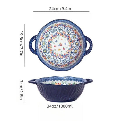 Soup Ceramic Bowl Bohemian Handle Embossed Microwave
