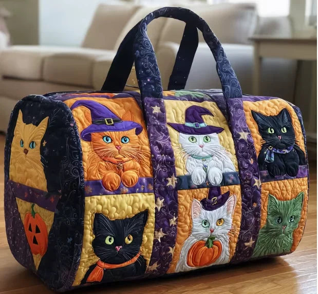 Plush Unisex Travel Tote - Quilted, Cat-Embroidered Fabric, For Beach, Hiking, Camping