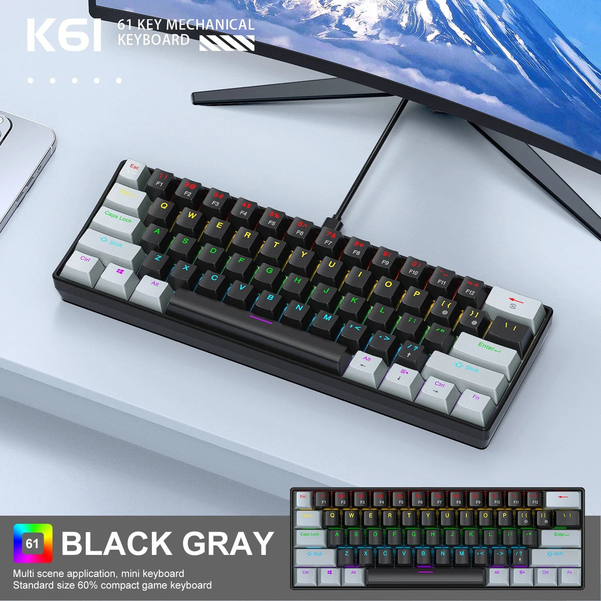 60 Percent Mechanical Mini Keyboard Wired RGB Travel-Friendly