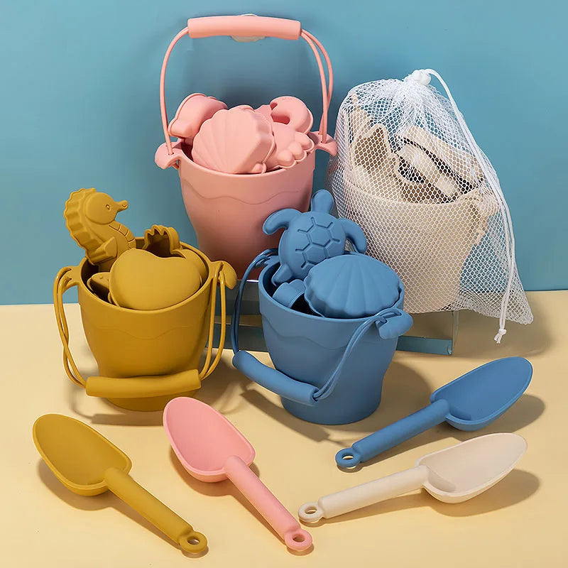 Silicone Beach Toy Kit 8Pc Bucket And Molds Kids Sand Play Summer 2025 Flexible Simple Clean Safe Gift