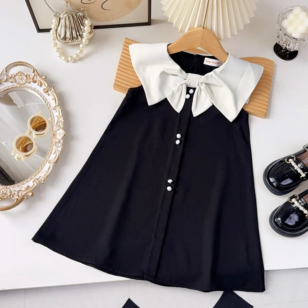 Plush and flattering girls' knee-length dress - sleeveless, bow-collar, polyester, birthday party