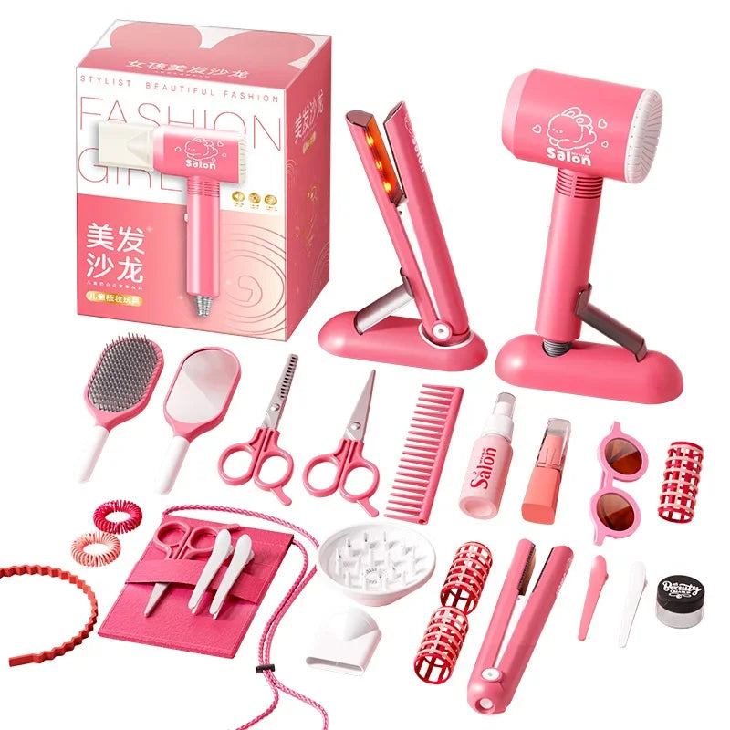 Kids Hair Salon Kit Pink Pretend Play Styling Kit With Hair Dryer And Accessories Fall 2025 Gift