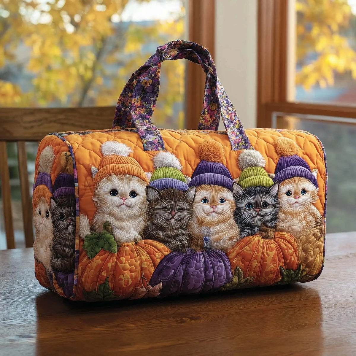 Plush Unisex Travel Tote - Quilted, Cat-Embroidered Fabric, For Beach, Hiking, Camping