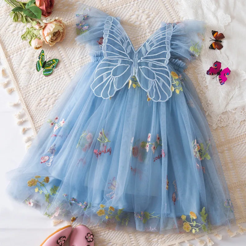 Light flowy girls' dress - knee-length tulle, floral print, polyester, for weddings