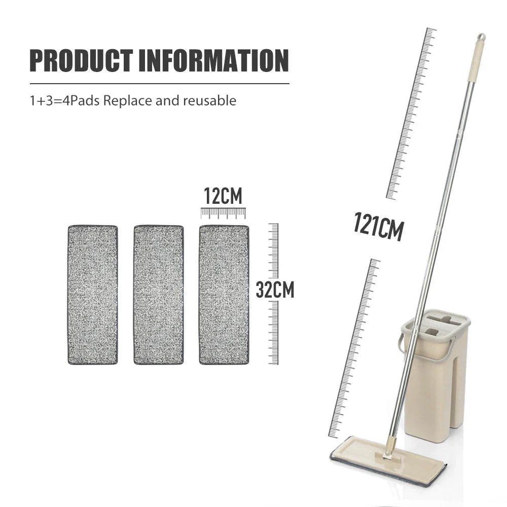 Household Cleaning Hand-Free Flat Floor Mop & Bucket Kit with Washable Microfiber 4x Pads