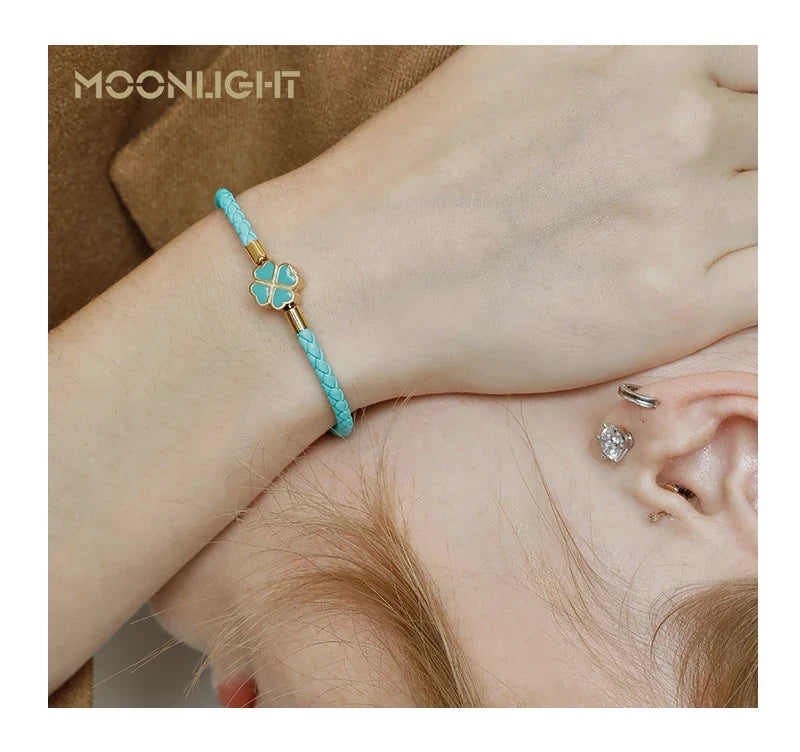 Leaf Four Clover Braided Leather Lucky Bracelet Gift