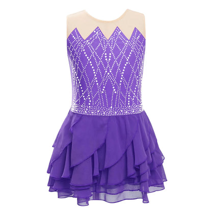 Light Girls' Leotard - Rhinestone Embellished, Mesh Skirt, Polyester/Nylon/Elastane, For Ballet, Gymnastics