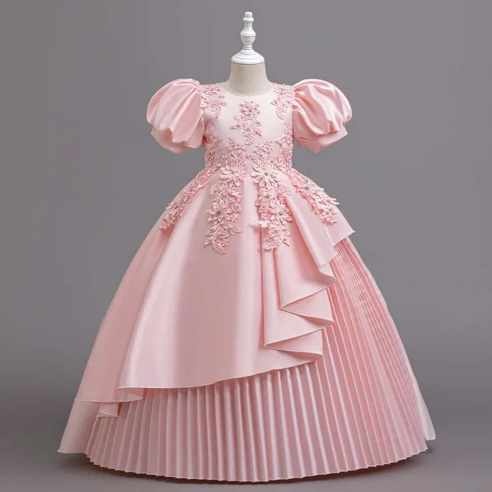 puff-sleeve, lace bodice, pleated layered skirt, cotton-polyester blend, for flower girl ceremony – Plush girls' dress