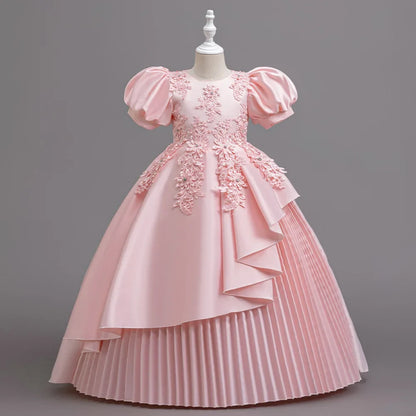 puff-sleeve, lace bodice, pleated layered skirt, cotton-polyester blend, for flower girl ceremony – Plush girls' dress