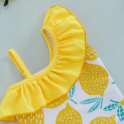 Light Girls' Swimsuit - One-Shoulder Ruffle, Lemon Print, Polyester, Summer Beachwear