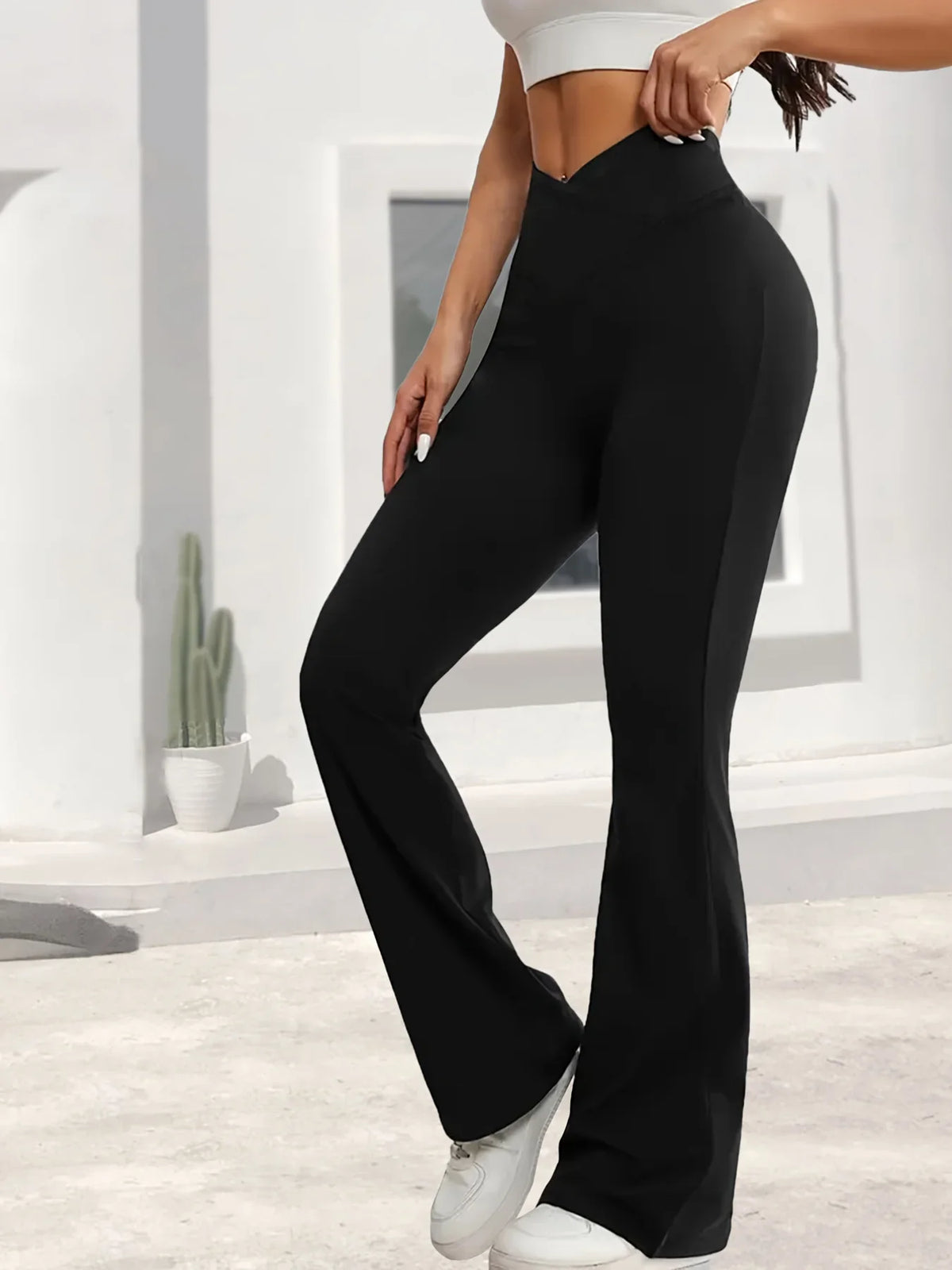flared hem cross-waist design, casual sports trousers – Relaxed women's high-waist wide-leg leggings