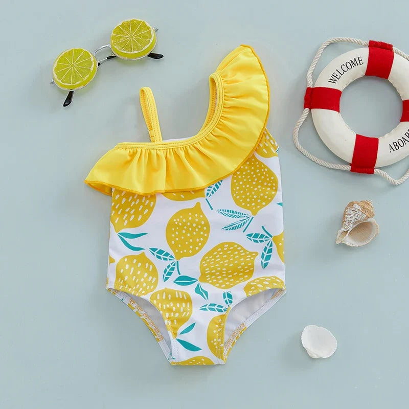 Light Girls' Swimsuit - One-Shoulder Ruffle, Lemon Print, Polyester, Summer Beachwear