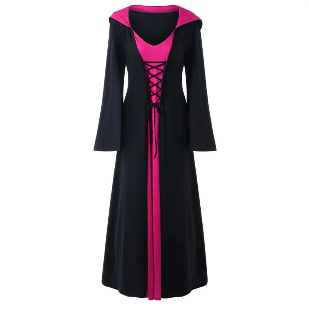 Women's Lace-Up Hooded Medieval Vampire Witch Cloak Robe - Great Halloween Costume for Themed Events