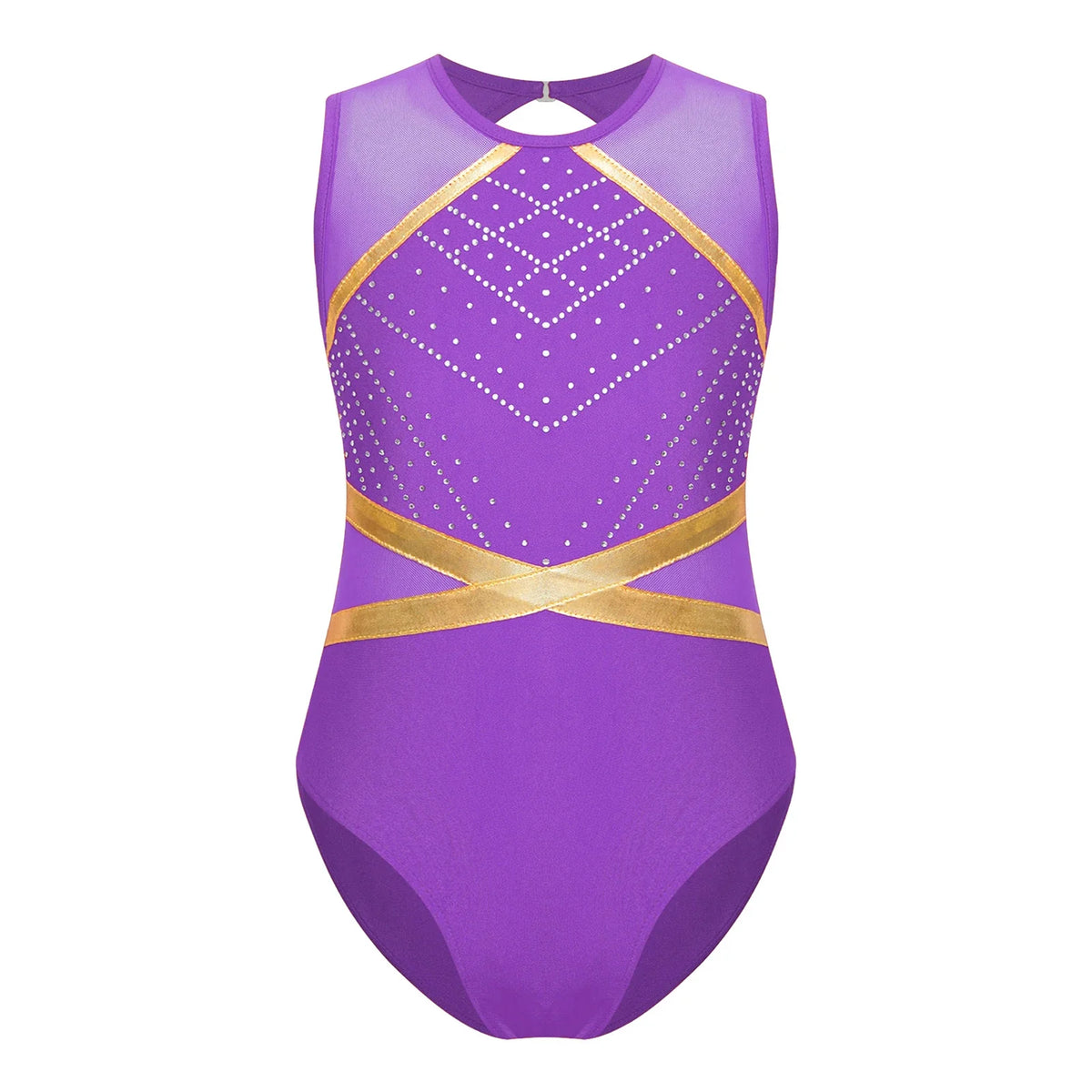 Girls' Stretchy Leotard - flattering, rhinestone-detailed, long-sleeve, mesh-panel, polyester elastane, for gymnastics