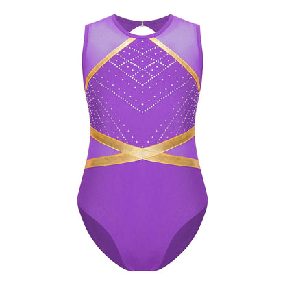 Girls' Stretchy Leotard - flattering, rhinestone-detailed, long-sleeve, mesh-panel, polyester elastane, for gymnastics