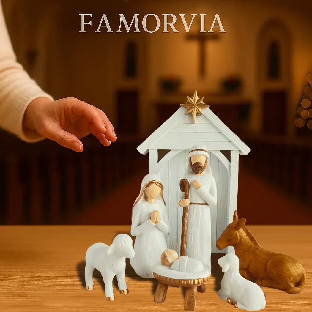Nativity Scene Large 7-Piece Kit White And Gold Resin Figures Faceless Holy Family Christmas Decor 2025 Gift