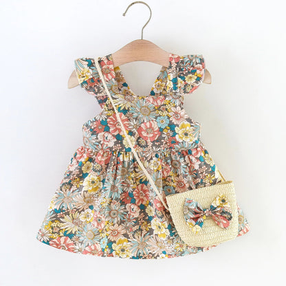 Plush Cozy Baby Girl Dress - Floral Flutter Sleeve, Polyester, For Summer Outings And Playtime