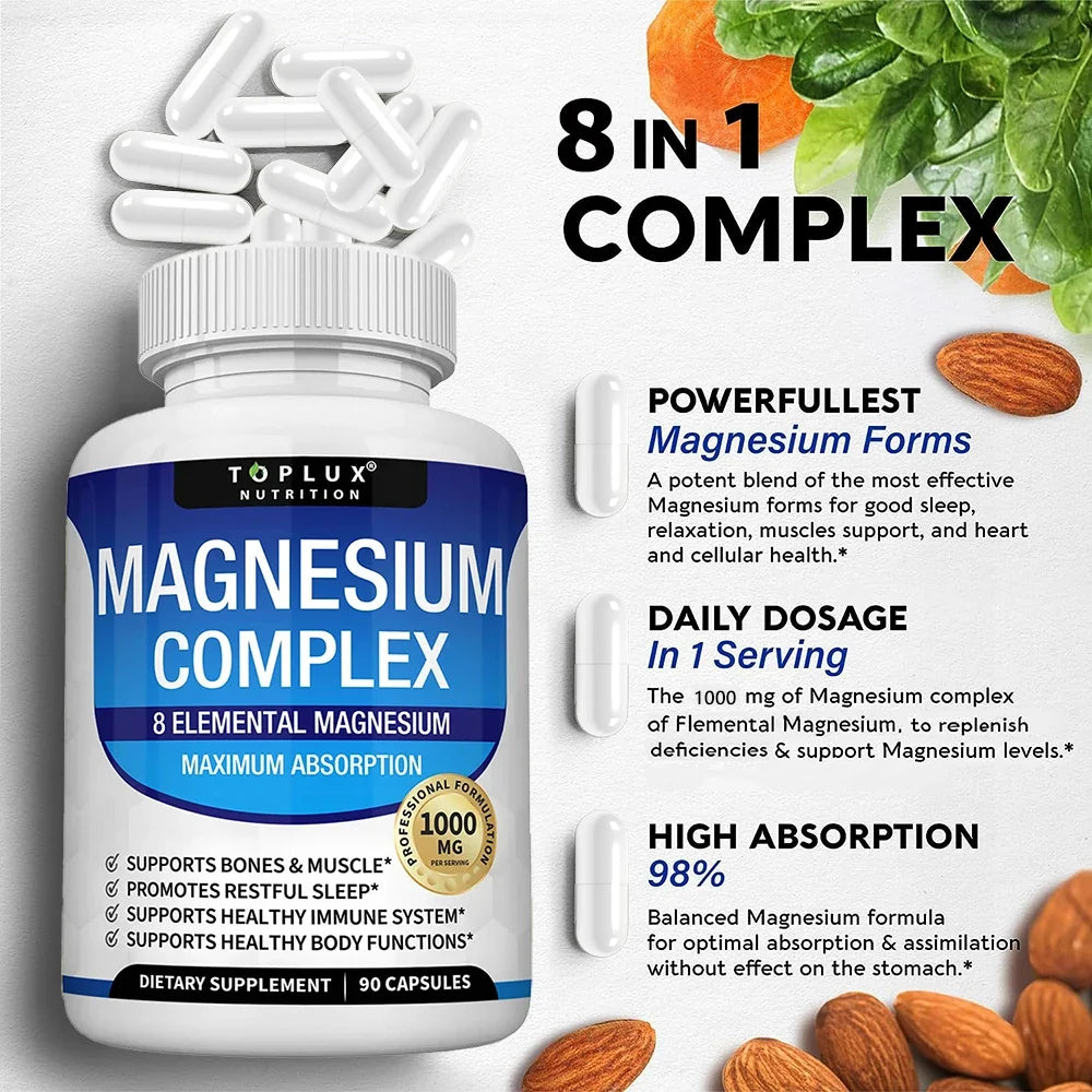 Complex Magnesium 1000mg 8 Elemental Magnesium Dietary Supplement Fall 2026 Wellness High Absorption Sleep Support
