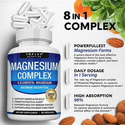Complex Magnesium 1000mg 8 Elemental Magnesium Dietary Supplement Fall 2026 Wellness High Absorption Sleep Support