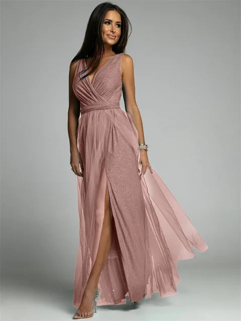 Variant image for Elegant V-Neck Sleeveless Dress with Slit Hem, Plus Size Formal Wedding Guest Cocktail Dress-11