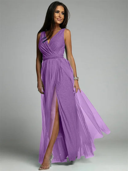 Variant image for Elegant V-Neck Sleeveless Dress with Slit Hem, Plus Size Formal Wedding Guest Cocktail Dress-16