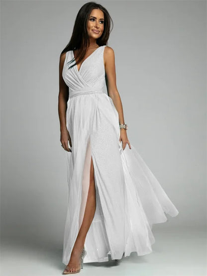 Elegant V-Neck Sleeveless Dress with Slit Hem, Plus Size Formal Wedding Guest Cocktail Dress-5