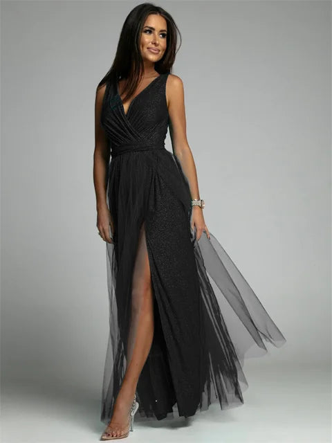 Variant image for Elegant V-Neck Sleeveless Dress with Slit Hem, Plus Size Formal Wedding Guest Cocktail Dress-1