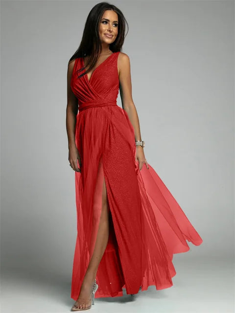 Variant image for Elegant V-Neck Sleeveless Dress with Slit Hem, Plus Size Formal Wedding Guest Cocktail Dress-21