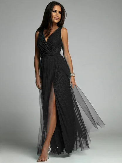 Elegant V-Neck Sleeveless Dress with Slit Hem, Plus Size Formal Wedding Guest Cocktail Dress-1