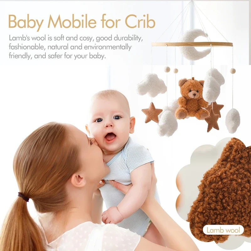 Crib Wooden Mobile Felt Bear Musical Newborn Sensory Toys