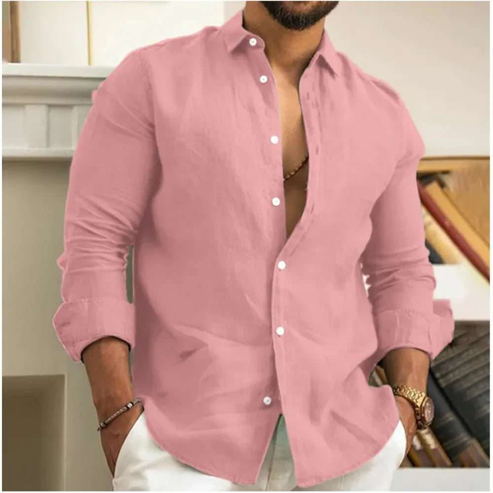 Lightweight Linen Beach Shirt for Men, Breathable Summer Casual Wear, Relaxed Fit, Available in White, Light Blue, Beige-6