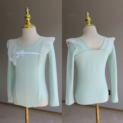 Light girls ballet leotard set - puff-sleeve top, tulle tutu skirt, polyester, for dance class