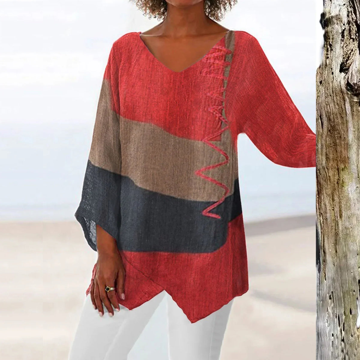 Shirt T Women New Fashion Casual V-Neck Long Sleeve Patchwork Top