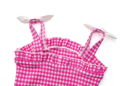 Fast-Dry Unisex Kids Swimsuit - One-Piece Gingham Plaid, Polyester, For Summer Vacation