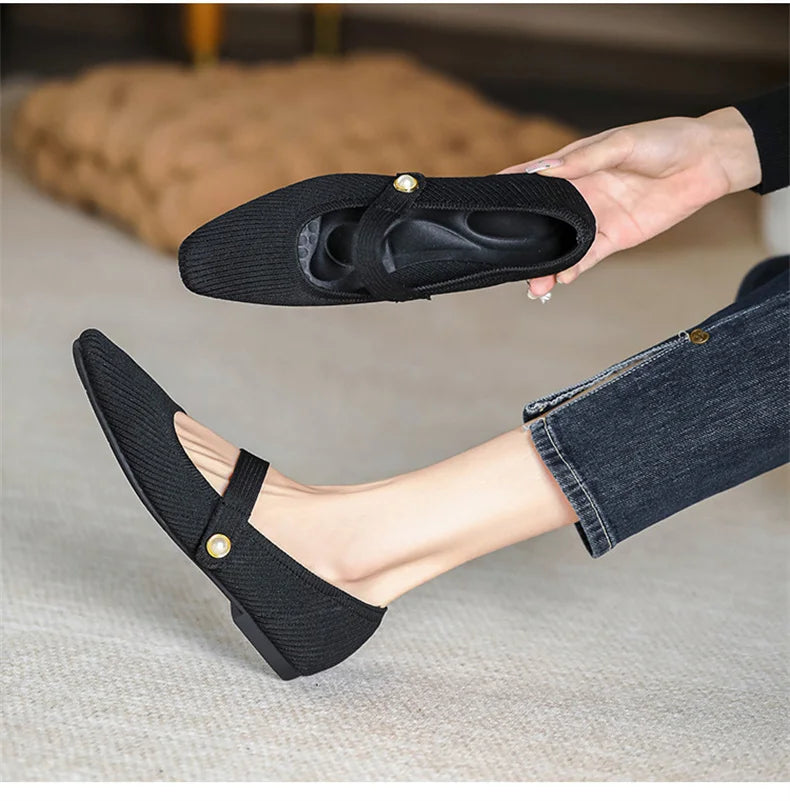 Women Stretchy Mary Jane Flats - Ribbed Knit For Spring