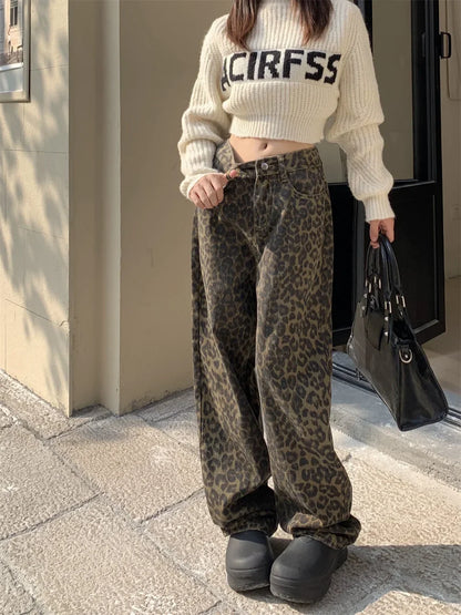 High-Waisted Leopard Print Wide Leg Jeans for Women, Trendy Fit in S-XXL Sizes-1