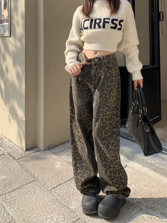 High-Waisted Leopard Print Wide Leg Jeans for Women, Trendy Fit in S-XXL Sizes-1