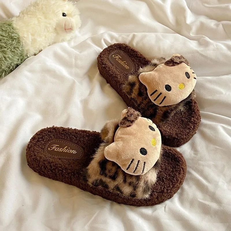 Plush girls' slippers - cozy leopard-print plush fur, polyester, indoor wear, gift