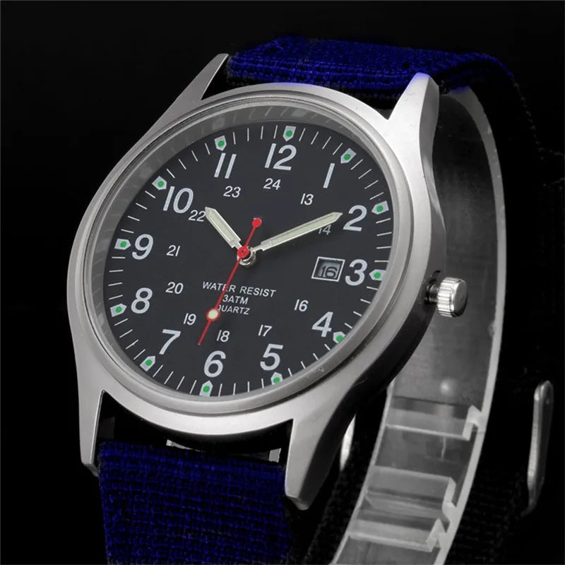 Field Quartz Watch Nylon Strap Military Style Date Luminous