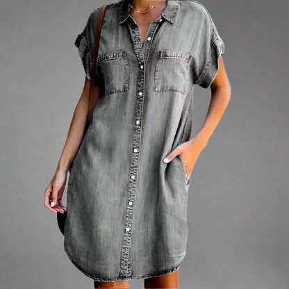 Summer Women's Denim Shirt Dress - Casual Loose Pocket Retro Commuter Office Style