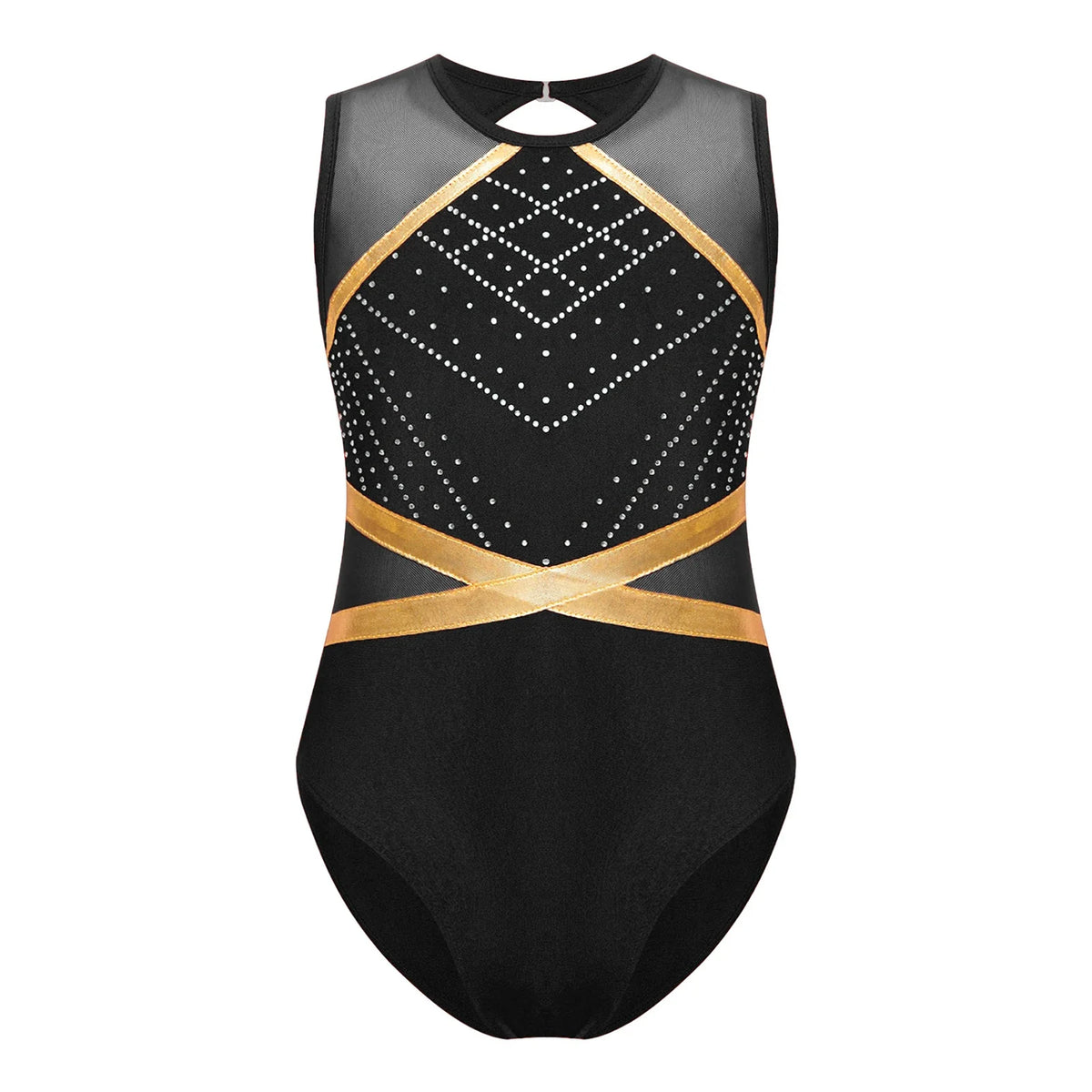 Girls' Stretchy Leotard - flattering, rhinestone-detailed, long-sleeve, mesh-panel, polyester elastane, for gymnastics