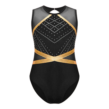 Girls' Stretchy Leotard - flattering, rhinestone-detailed, long-sleeve, mesh-panel, polyester elastane, for gymnastics