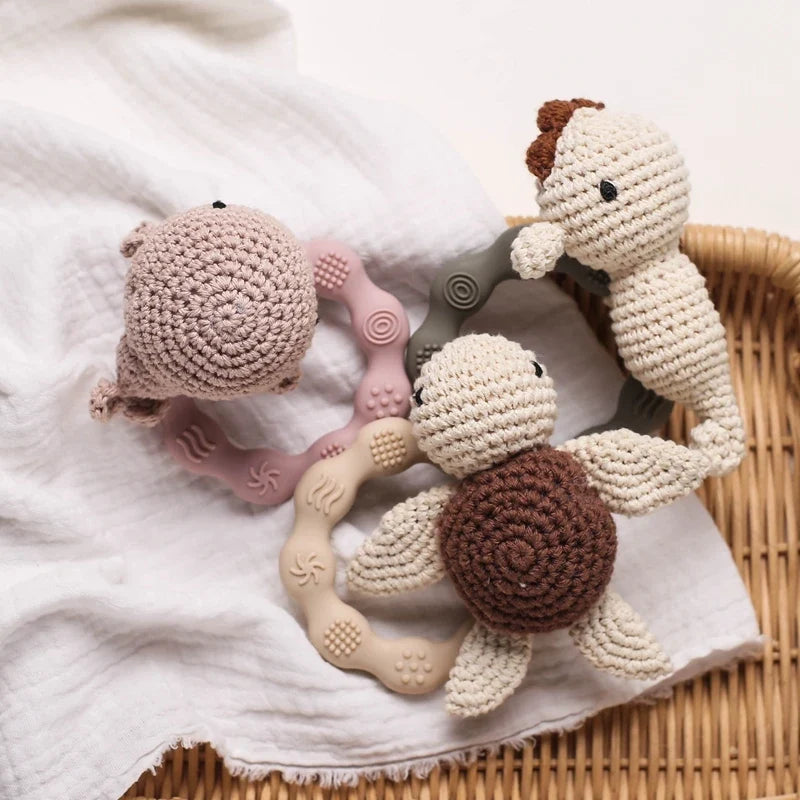 Bear Crochet Teether Rattle Ring Newborn Sensory Toys