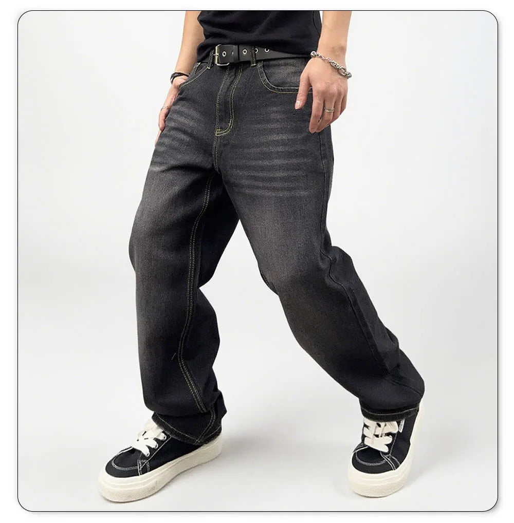 Men's Oversized Jeans - Straight Cut, Washed Denim, Autumn