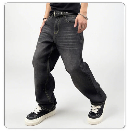 Men's Oversized Jeans - Straight Cut, Washed Denim, Autumn