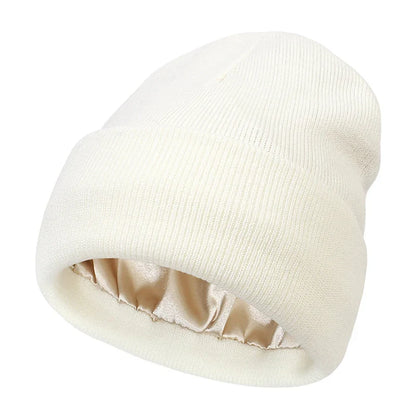 Winter Knit Beanies Womens Satin Lined Beanie Cap - Thick Chunky Plush Skull Hat for Winter